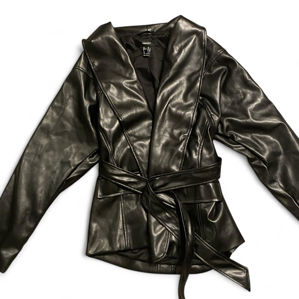 black faux leather belted jacket